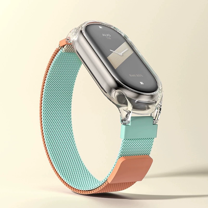 Ремешок для часов (Xiaomi Mi Band 10) прозрачная оболочка + магнитная металлическая лента Milan Mesh, лазерная гравировка