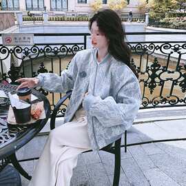 超好看蓝色立领提花棒球服外套女春秋2025新款感夹克上衣