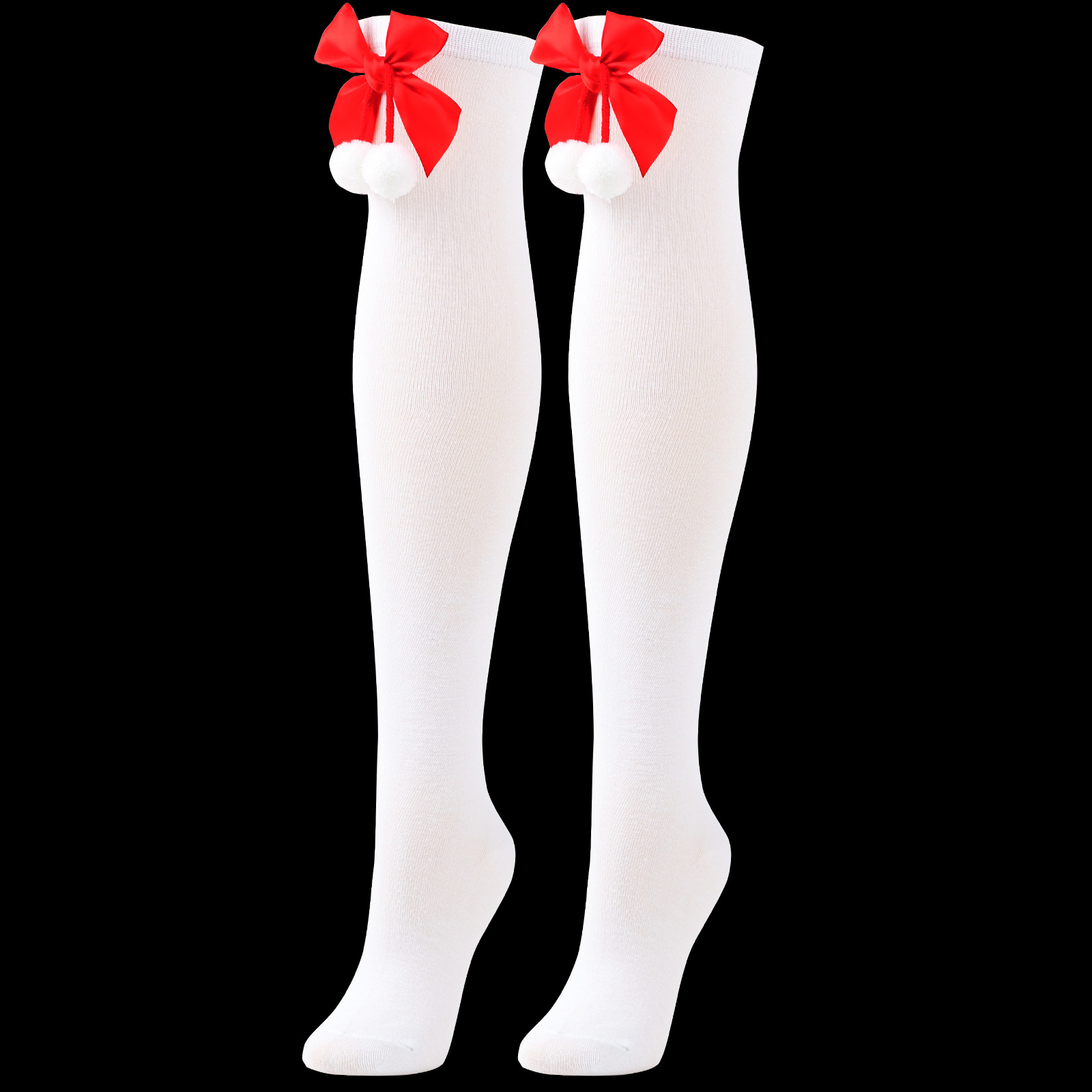 Calzini natalizi unisex con fiocco, calzini a palla, sopra il ginocchio, calzini lunghi da donna, calzini natalizi a righe_voghion.com