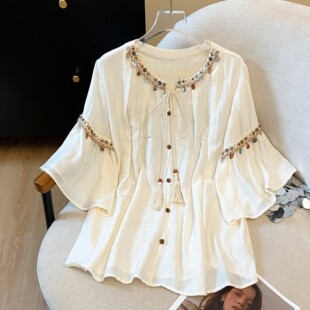 Actual Shot of 2025 New Summer Lace High-End Embroidered Short-Sleeved Tops Slimming Look Large Size Shell Beaded Shirts