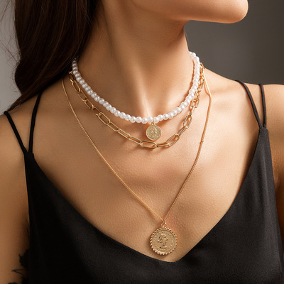 欧美跨境爆款饰品 多层叠戴珍珠复古潮人像浮雕项链 时尚毛衣链|ru