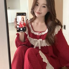韩版秋季甜美公主风睡衣少女重工蕾丝软绵双纱喜庆宽松舒适家居服