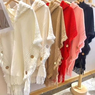 White Forest-Style Cape Shawl Versatile Tassel Sweater Knitwear High-End Travel Hooded Scarf for Women Autumn Outerwear