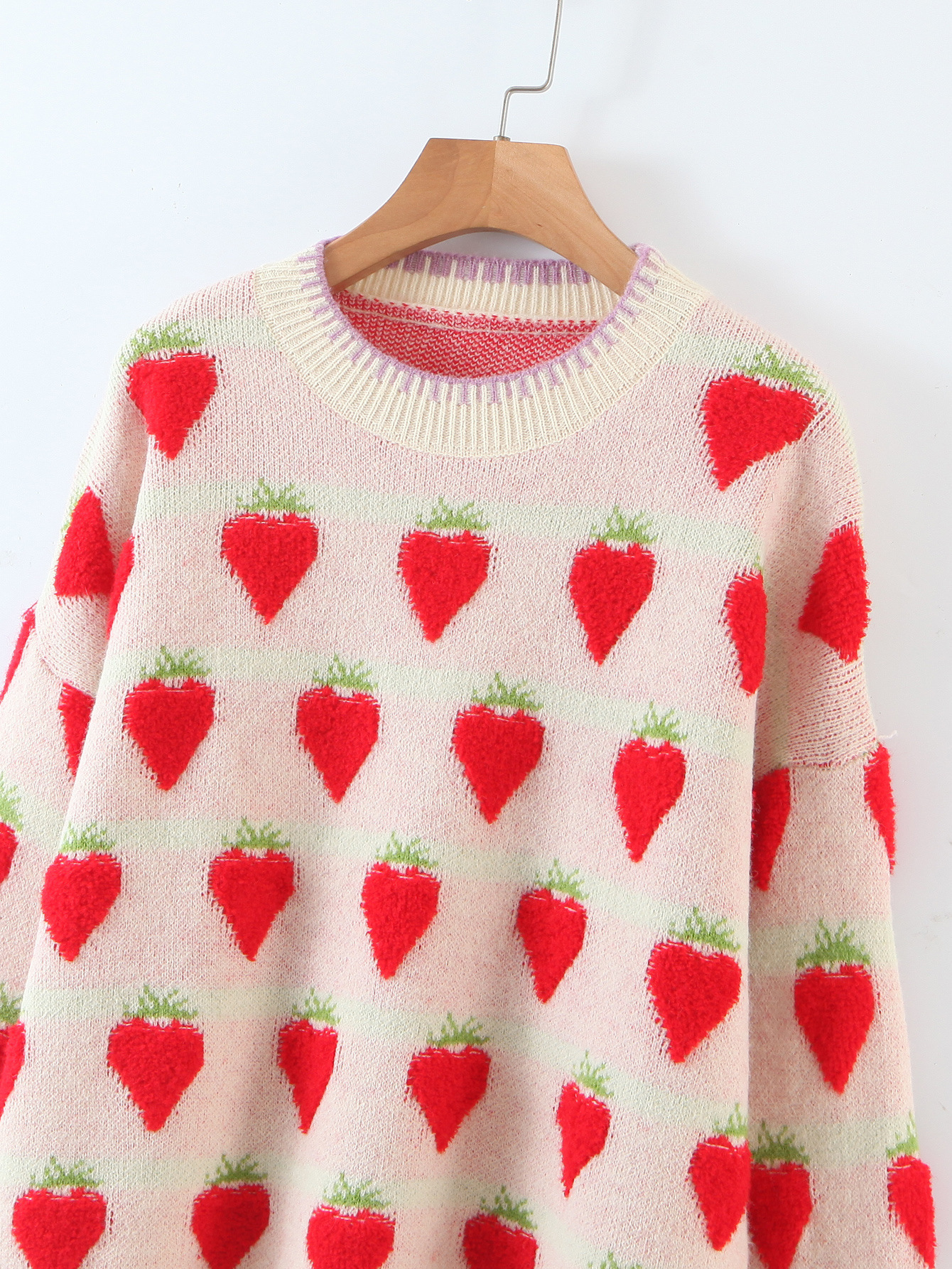 Strawberry Embroidery Round Neck Long-Sleeved Pullover Sweater NSSX73216