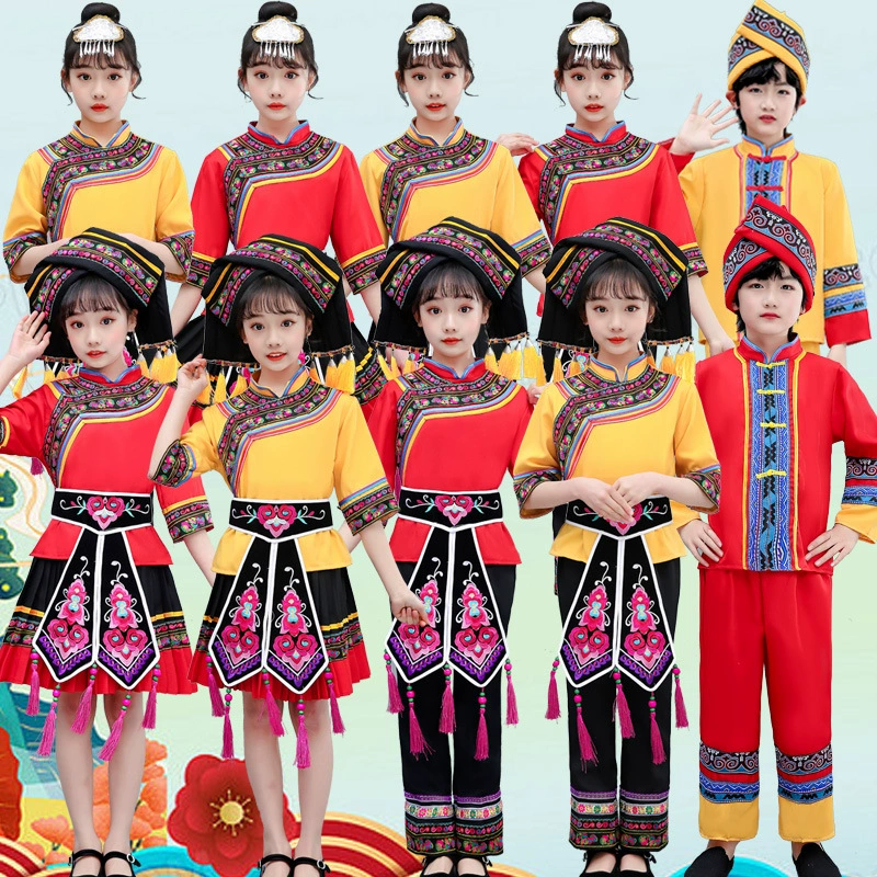 3 марта Этническая Детская Мужская и женская танцевальная одежда для меньшинств Одежда для выступлений в стиле Чжуан, Мяо, Донг, Яо и И