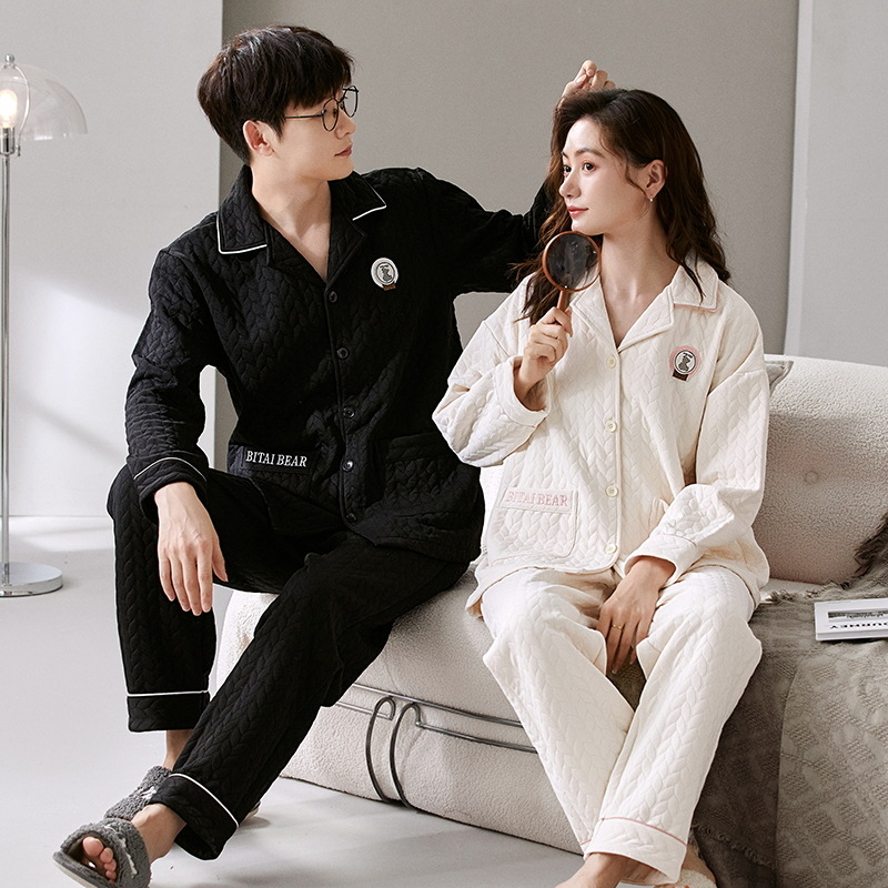 Nuevo aire sándwich de algodón pijamas de las mujeres del otoño y el invierno engrosado cálido coreano lindo de la historieta de los hombres desgaste del hogar traje