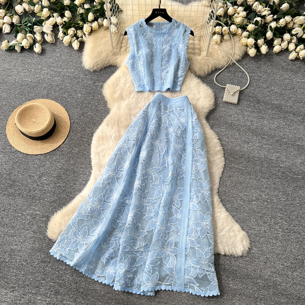 French Style Lace Openwork Versatile Sleeveless Two Piece Women's Set, 2026 Summer Elegant And Sophisticated Vest And Skirt Set._voghion.com