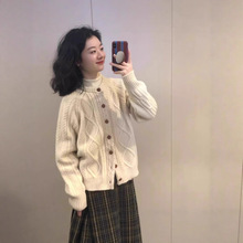 重磅加厚慵懒风羊毛衫麻花针织羊绒开衫女宽松纯色圆领百搭外套女