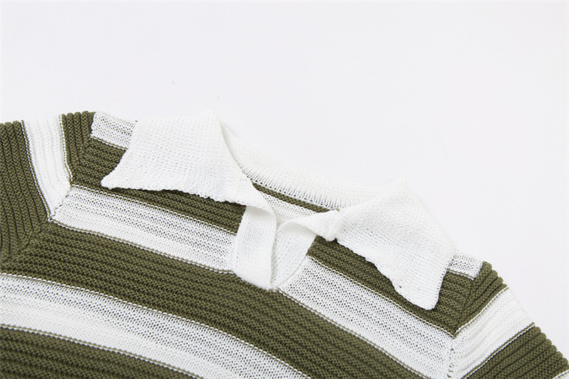 Women Clothing Autumn Polo Collar Short Sleeve Striped Color Matching Knitted Short Slim Hip Skirt Set