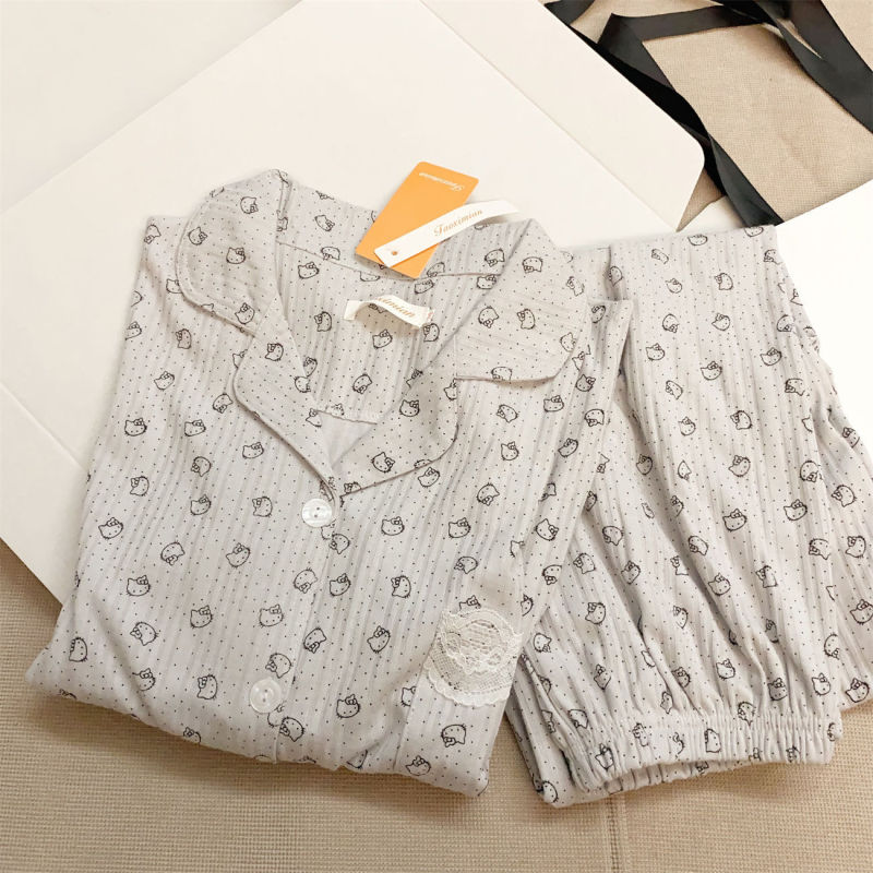 花边波点kitty猫睡衣女春秋新款长袖日系卡通可爱居家服套装外穿|undefined