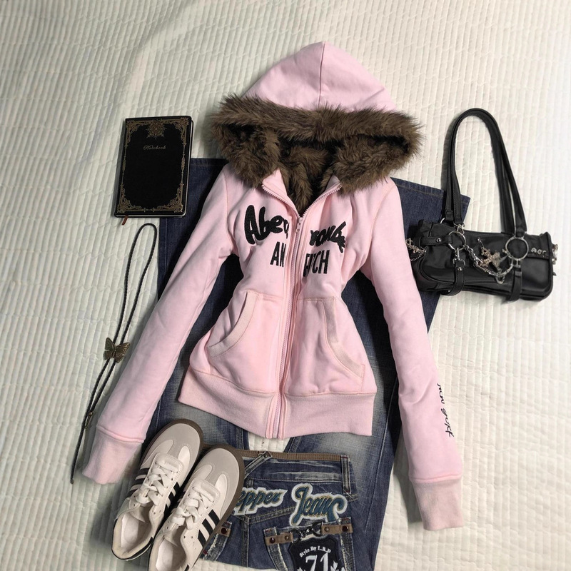 American-Style Spicy Girl Y2K Retro Slim-Fit Waist-Cinching Hooded Zip-Up Jacket for Women with Embroidered Letters, Autumn and Winter Outfit with a High-End Feel