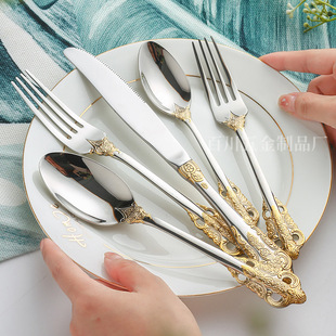 Four-piece set 316 stainless steel 18/10 tableware court style gold-plated embossed pattern main five-piece knife and fork spoon dessert fork