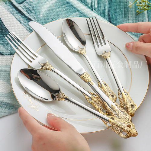 Baichuan four-piece set of 316 stainless steel tableware, palace-style gold-plated embossed pattern, five-piece knife, fork, spoon, dessert fork