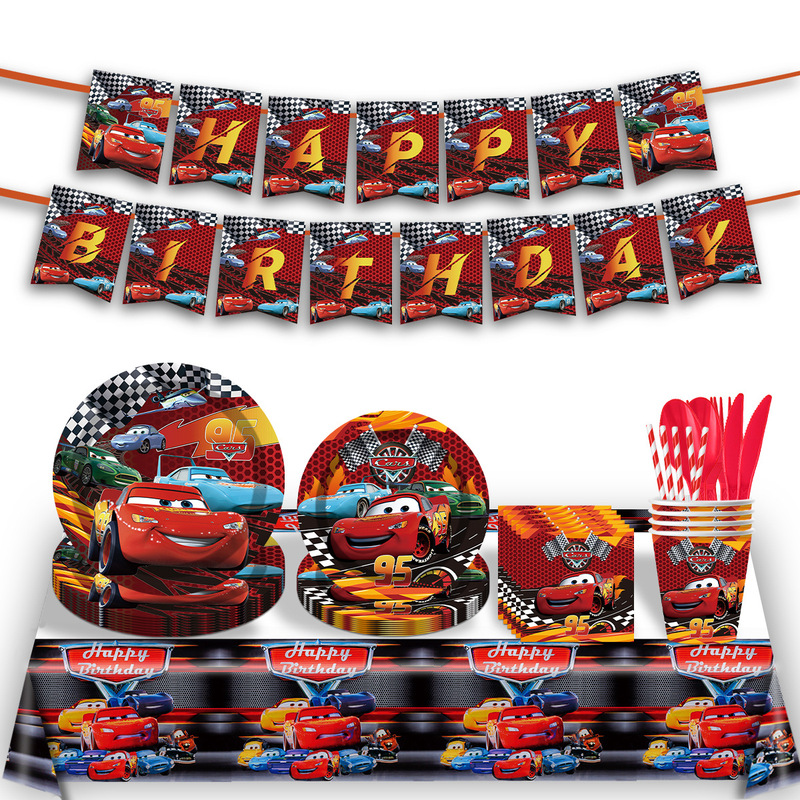 Cars-Themed Birthday Party Decorations Disposable Paper Cups, Paper Plates, Napkins, Tablecloths