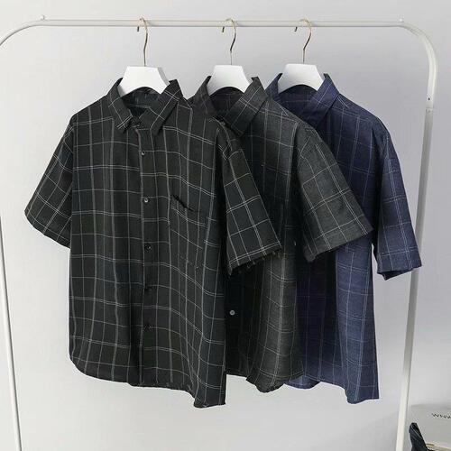 Japanese-style grid shirt for men, summer trend casual stylish loose black short-sleeved shirt for men, thin men's shirt