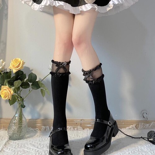 White flower vine crew socks JK socks for girls Spring and summer Lolita vertical stripe heart rose mid-calf socks Lolita