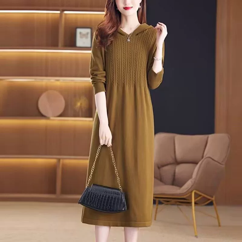 Зимняя трикотажная длинная юбка с капюшоном женский 2024 осень и зима новая иностранная повседневная длинная нижняя рубашка темпераментная юбка свитер