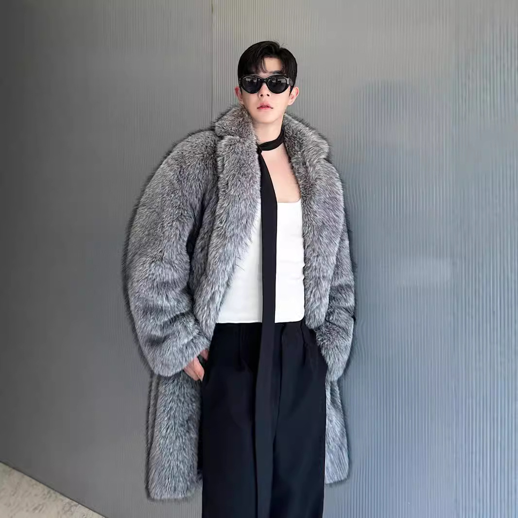 New Eco-friendly Fur Winter Korean Style Fluffy Faux Fox Fur Jacket Men's Mid-length Suit Fashion