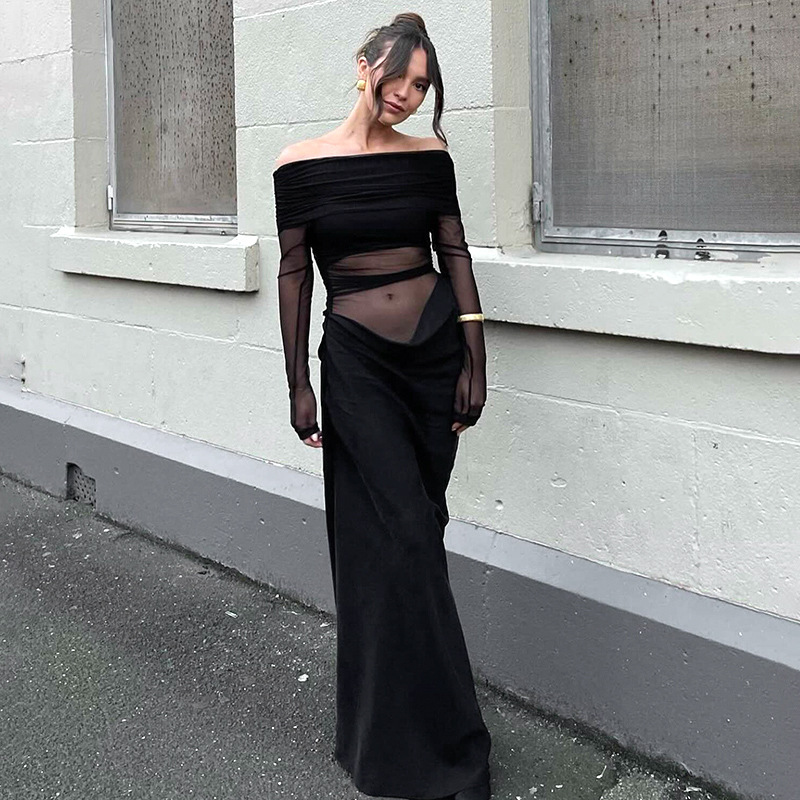 2024 otoño e invierno estilo europeo y americano moda femenina transfronteriza hombro de una línea manga larga sin cintura malla costura bolso vestido de cadera