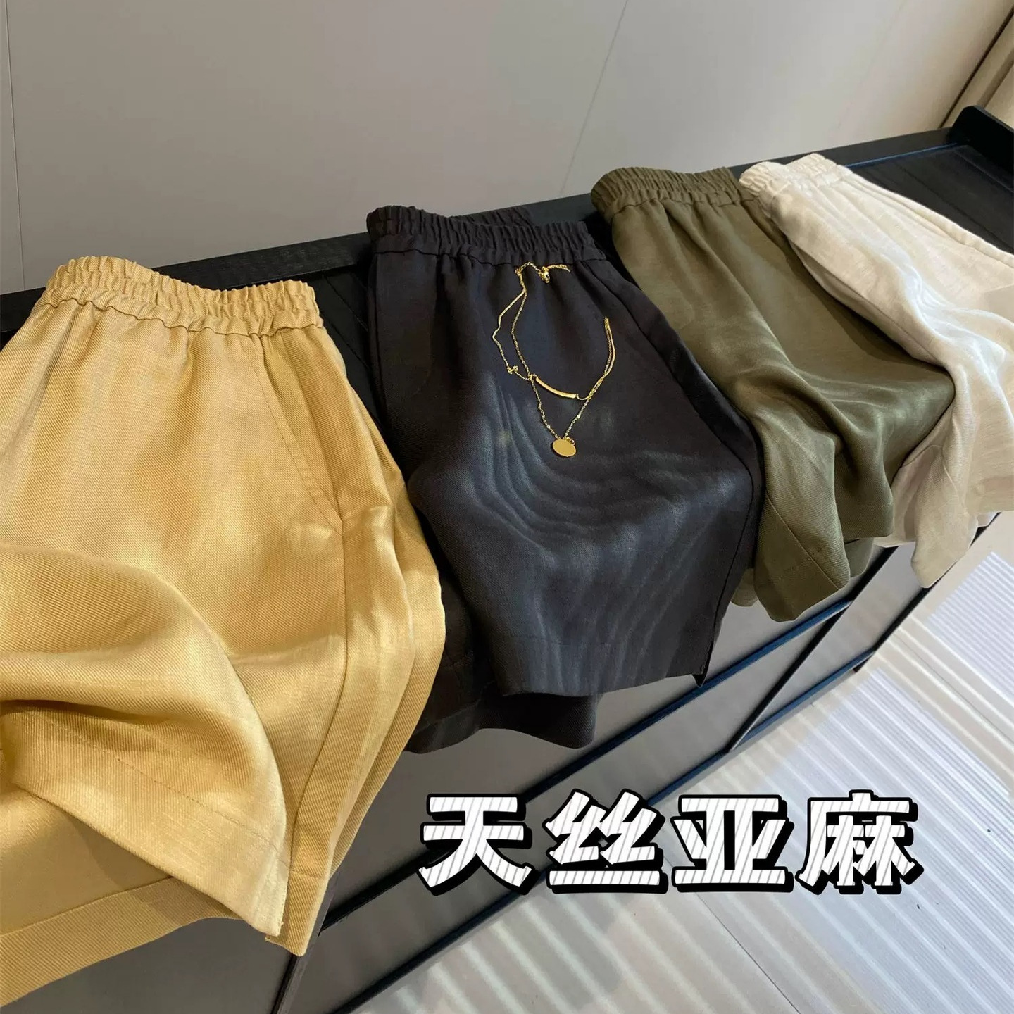 75 Tencel 25 Linen! Cool and soft no-pick figure all-match elastic waist A- line casual shorts for women