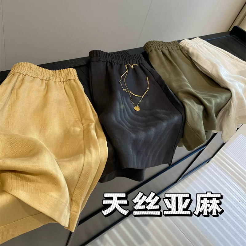 75 Tencel 25 Linen! Cool and soft no-pick figure all-match elastic waist A- line casual shorts for women
