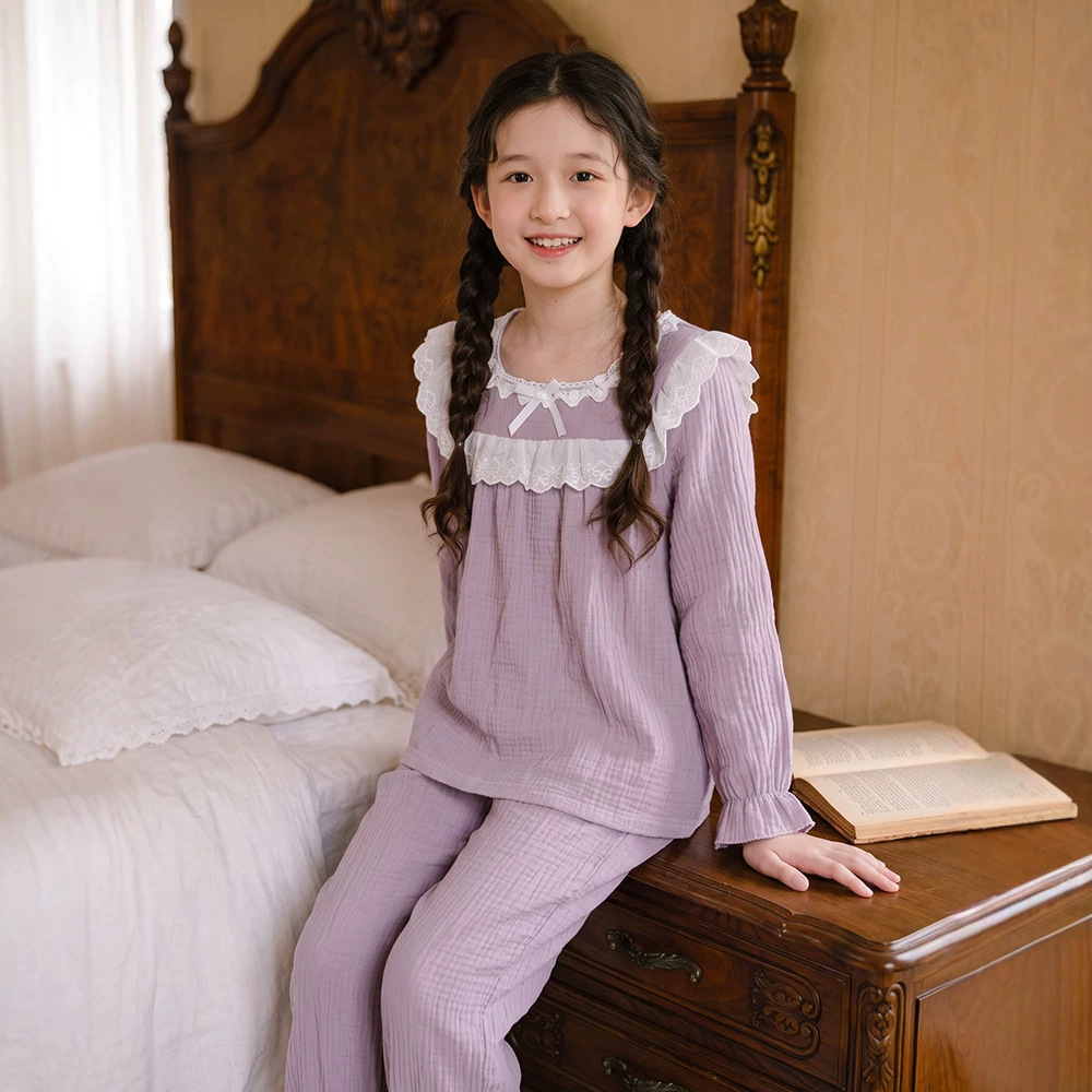 2026 Taro Purple Cotton Yarn Girls' Pajamas with Lace Square Neck Bow Ruffle Long Sleeve Home Set