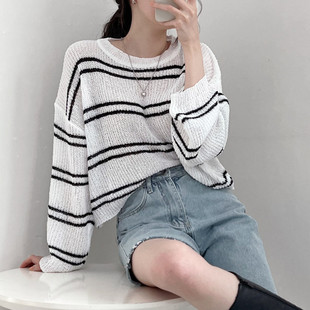 Korean Chic Spring and Summer Thin Long-Sleeved Loose Versatile Knitted Cut Out Short Air-Conditioned Blouse Stripesd Sun Protection Top