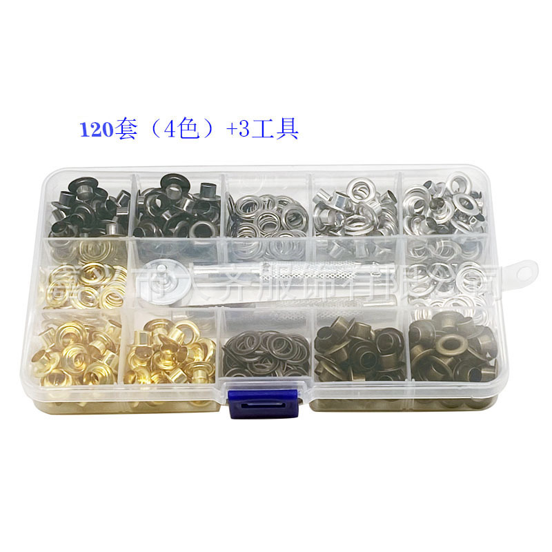 Latón transfronterizo 120 juegos de agujeros de aire en caja 4 colores + herramientas de instalación hebilla de zapato reparación exterior 12 diámetro interior 6mm callos