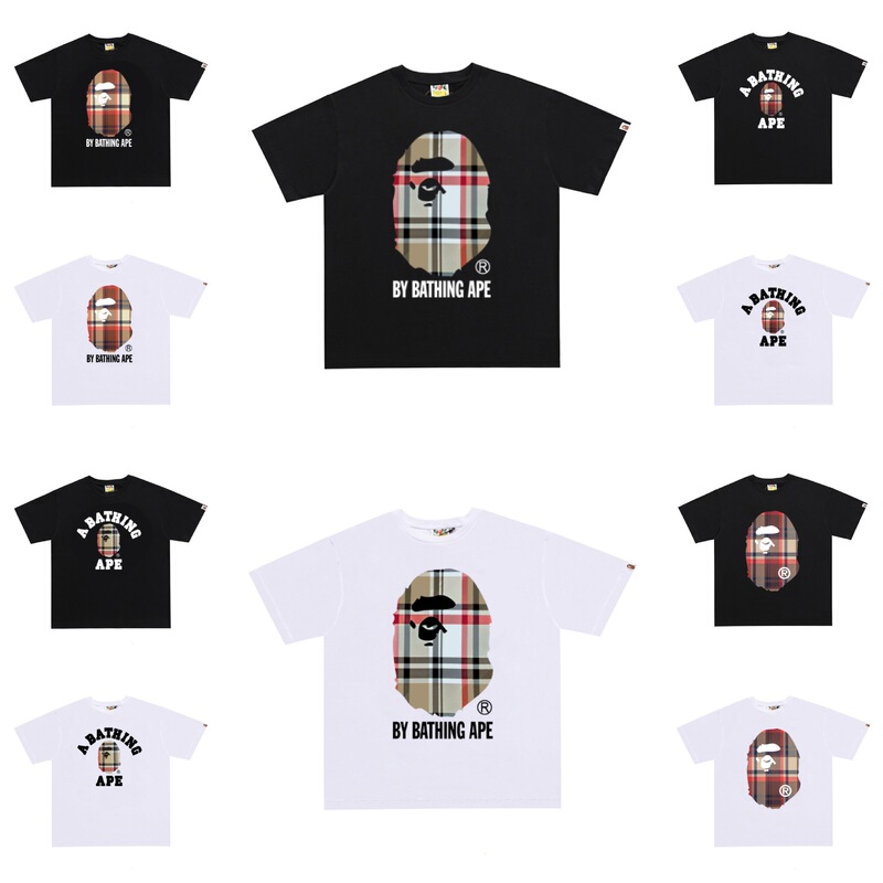 Cross-Border Wholesale High-Quality Short-Sleeve Plaid Letter Print Shark Short-Sleeve Summer Pure Cotton Round-Neck T-Shirt Couple Half-Sleeve