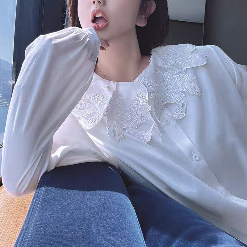 Langbo Exquisite Detail-Oriented Feather Embroidery Doll Collar French Long-Sleeve White Shirt with Lace Collar Long-Sleeve Shirt