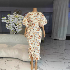 スポットヨーロッパとアメリカの服 2025 夏宮殿スタイルフリル甘くて新鮮なプリントパフスリーブハイウエストドレス