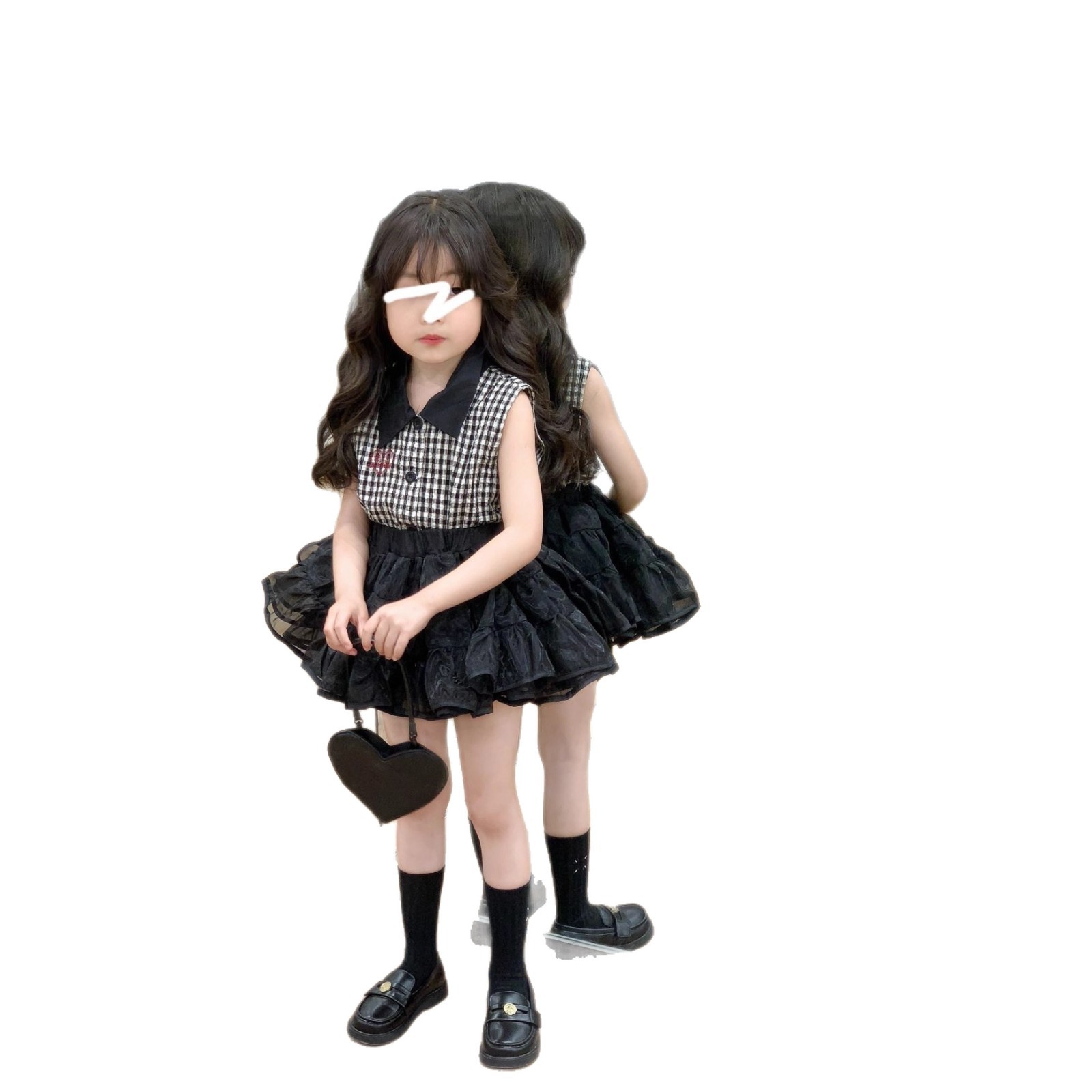 Conjunto de blusa sem mangas estilo Chanel vintage com estampa xadrez branca e saia tutu preta para meninas (peça única)_voghion.com