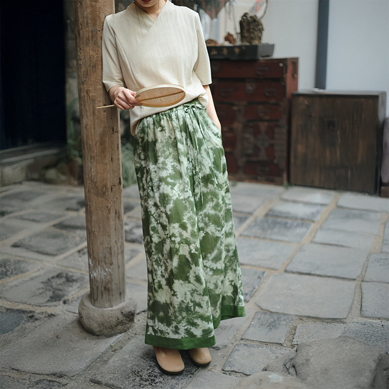 New Chinoiserie Women's Clothing 2025 Spring and Summer New Ramie Print Wide Leg Pants Women's Elastic Waist Lace-Up Straight Casual Culottes