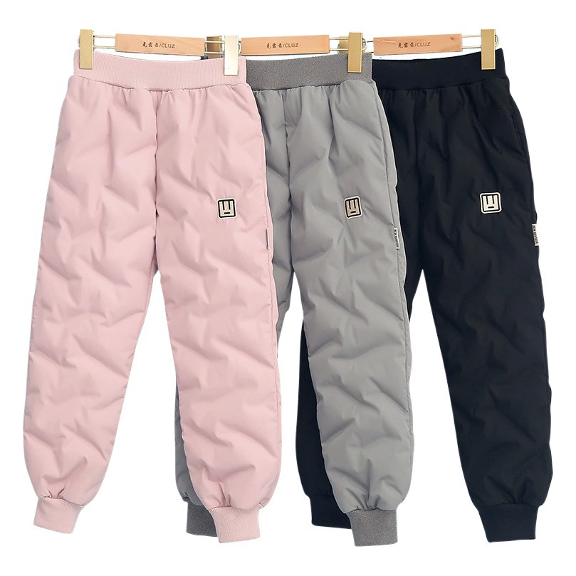 Детские пуховые штаны, Зимние непромокаемые белые штаны на утином пуху, Большие Детские утолщенные теплые штаны, пуховые штаны для мальчиков и девочек для верхней одежды