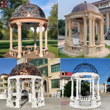 定制户外大理石凉亭雕塑圆顶铁艺石亭子庭院广场装饰石雕凉亭厂家