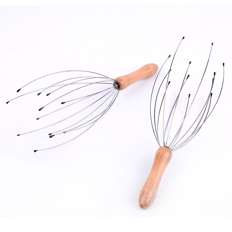 Wooden handle octopus scalp massager stainless steel wire head acupuncture point stimulation massage 12 catch soul extractor