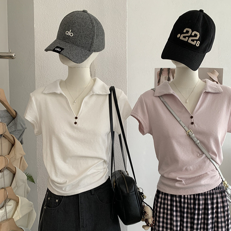 Kekezoon Minimalist Old Money Style Polo Collar Short-Sleeve T-Shirt Summer Regular Shoulder Versatile Solid Color Top 8038