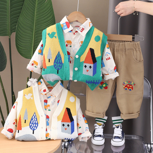 Knitted sweater vest for boys and girls, babies, 2024 new spring and autumn set, house cartoon three-piece set