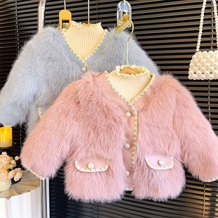 Girls' Woolen Sweater Coat Imitation Fur One-piece Cotton-padded Coat Chanel Style Cotton-quilted Baby Girl's Autumn and Winter Short Thick Clothing