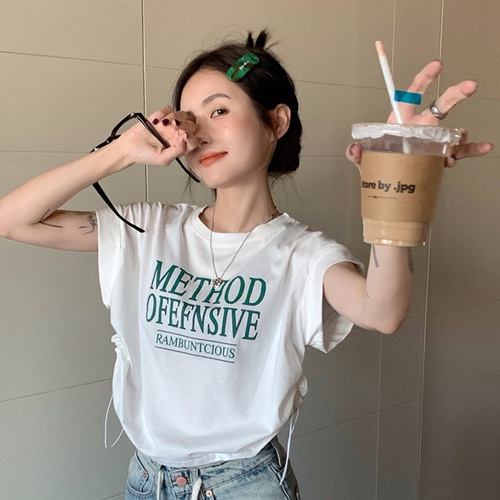 Women's Summer Short Sleeve T-Shirt with Ins Cute Girl Print, Drawstring, Loose Fit, Crop Top, Sexy, Short Length, Wholesale