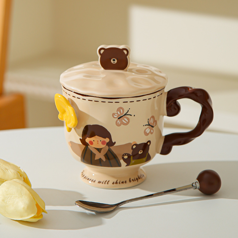 Retro chica taza de pie alto caja de regalo mariposa alta sensación de taza de cerámica con tapa de regalo de cumpleaños de chicas