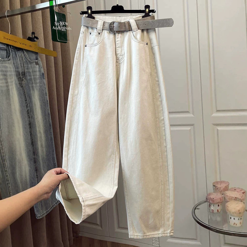 Summer Thin Off-White Curved Hem Jeans for Women, Plus Size, Pear-Shaped Body, Loose High-Waisted, Slimming Straight Wide-Leg Pants Summer Thin Off-White Curved Hem Jeans for Women, Plus Size, Pear-Shaped Body, Loose High-Waisted, Slimming Straight Wide-Leg Pants