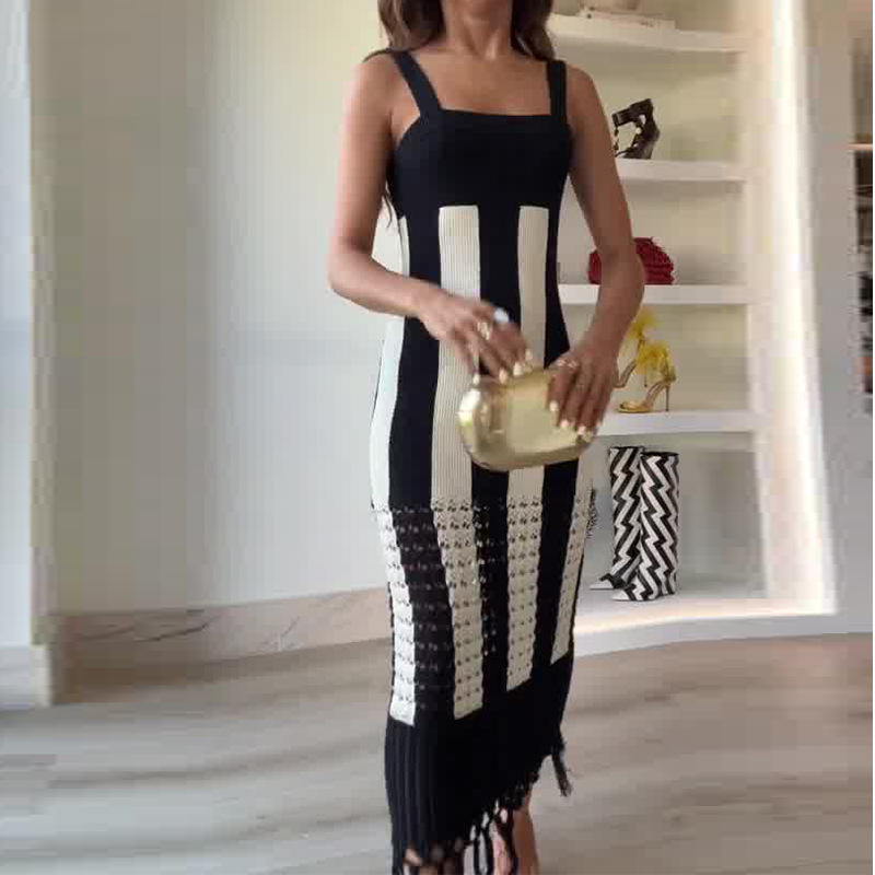 Women's Clothing Women's Fashion Contrast Elastic Slim Long Suspender Dress_mkmklike.com