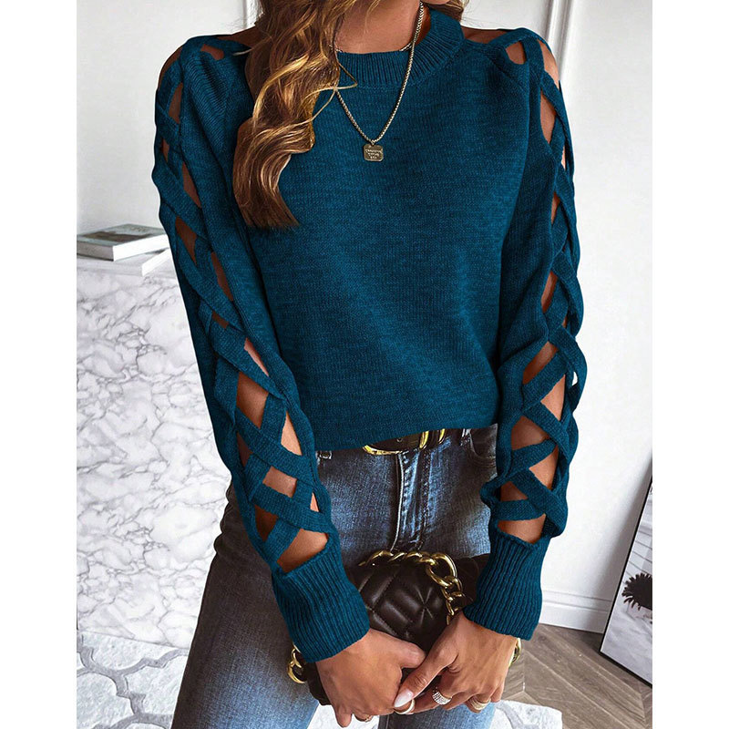 Cross-Border European and American Autumn and Winter Knitwears for Women Amazon Cut Out Cloth Strips Splicing Long-Sleeved Knitwears Round Neck Pullover Tops