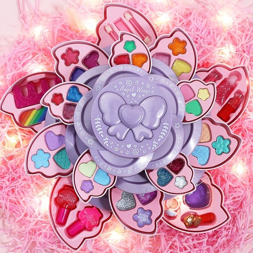 Children's washable cosmetics dress-up playset for girls, including nail polish and makeup, with rotating makeup box featuring floral patterns.