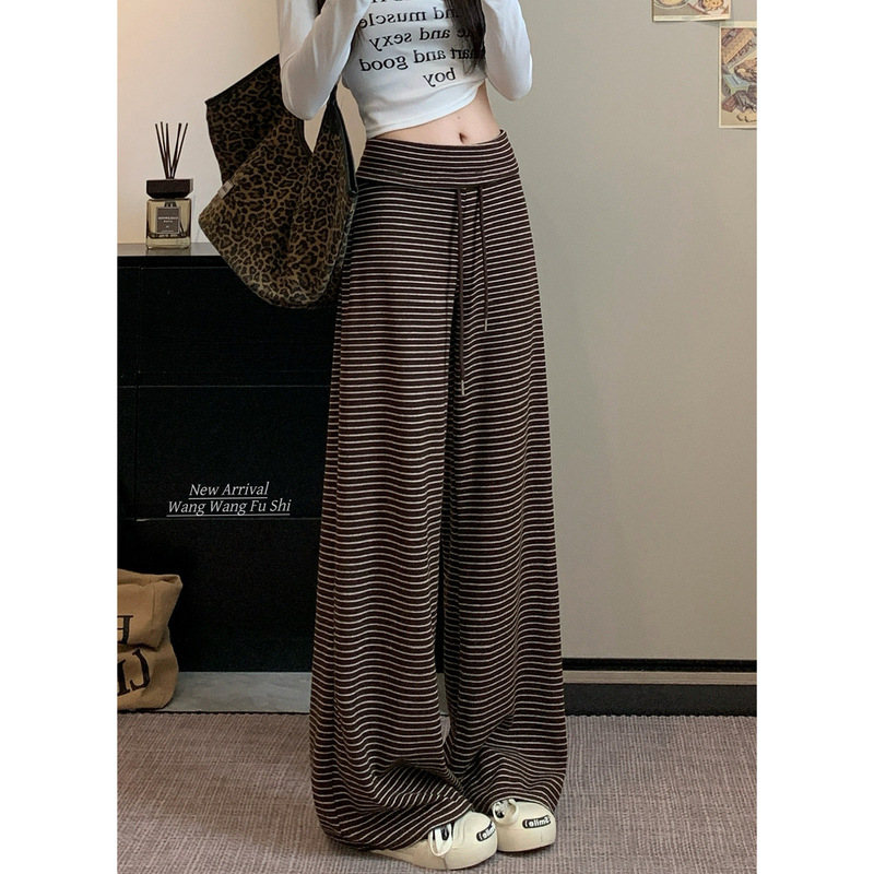 条纹抽绳松紧腰休闲裤女2025秋季新款慵懒风高腰显瘦阔腿直筒长裤|undefined