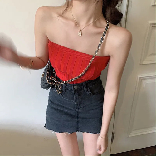 Pure desire candy color one-shoulder tube top summer new chic sexy knitted slim stretch short vest top