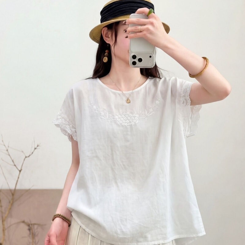 Summer New Cotton and Linen Top with Heavy Lace Embroidery, Breathable Artistic T-Shirt with Short Sleeves