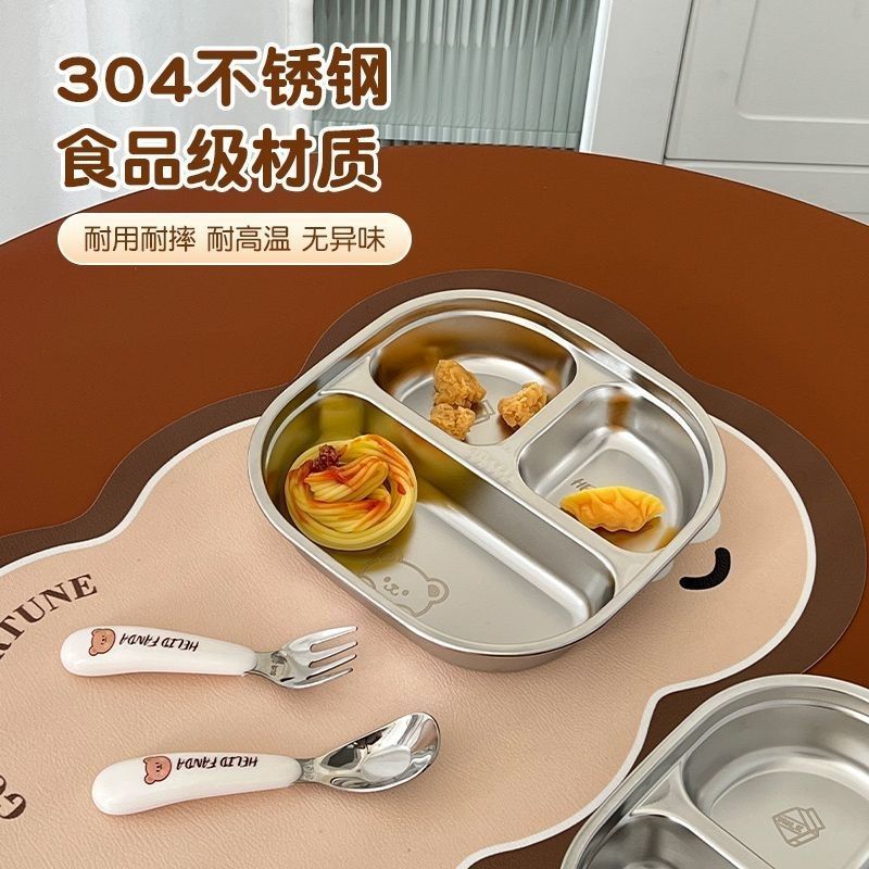 不锈钢304儿童餐盘宝宝吃饭卡通盘家用学生便携分格便当盘食品级|undefined