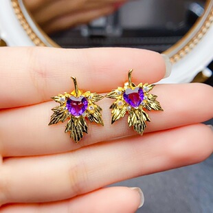 New Natural Amethyst Stud Earrings S925 Silver Inlaid Main Stone 6*6mm Versatile Trendy Popular Women's Jewelry Wholesale